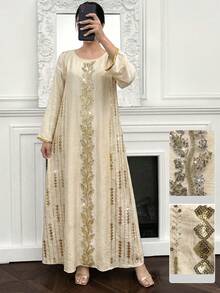 Layrah Elegant Round Neck Embroidered Beaded Long Sleeve Flared Dress, Spring/Summer - Apricot - View 5
