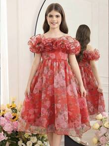 SHEIN Vestido midi floral con hombros descubiertos y volantes en la cintura para niña preadolescente elegante - Rojo - Ver 4