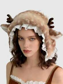 ROMWE Fairycore 1 款可爱驯鹿仿皮草冬帽，带蕾丝边和鹿角设计，可作为保暖耳罩 - 彩色 - 查看 1