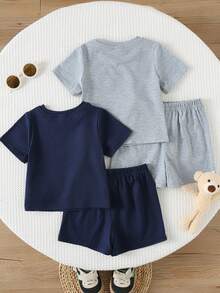 SHEIN 4pcs Baby Boy Bear Print Top And Shorts Set,Cute Navy Summer Casual Family Matching Round Neck Short Sleeve T-Shirt Cartoon Sets For Toddler Boys - Multicolor - View 2