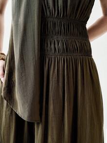 Aalyst Vestido sin mangas de mujer con cuello de bufanda, de estilo vintage, de unicolor, de tela arrugada, con cintura elástica y bajo acampanado, elegante, chic, ligero, lujoso, casual, bohemio, para vacaciones/trabajo y traslados - Verde Gris - Ver 6