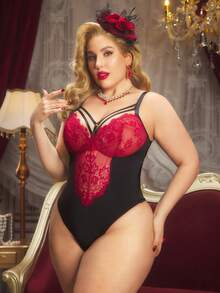 PinupPomp 1 pieza Conjunto de lencería con aplicaciones de encaje para mujer de talla grande - Negro - Ver 4