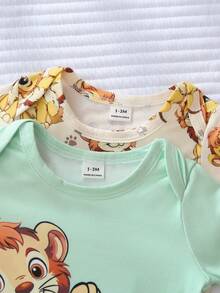 SHEIN 2件套新生儿简约时尚黄棕色可爱卡通狮子印花长袖连脚连体睡衣套装，适合新生儿换洗衣物 - 彩色 - 查看 3