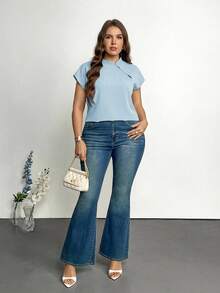 Firerie Áo sơ mi trắng dáng ôm vừa vặn, cổ cài cúc, không tay, vai rớt, tay ngắn, kiểu Trung Quốc mới, dành cho người có vóc dáng đầy đặn, thanh lịch và phù hợp đi làm. - Màu xanh lam - Xem 6