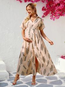 SHEIN Maternity Fashion Floral Print Collared Dress - Apricot - View 3