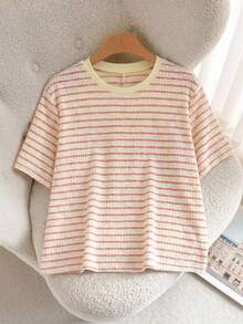 CosyJoli Plus Size Women's Casual Commuter Striped Print Bowknot Decor Short Sleeve T-Shirt, Summer - Pink - View 4