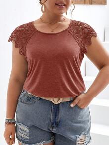 SHEIN Frenchy Áo thun nữ cỡ lớn tay raglan phối ren tương phản cổ tròn thanh lịch - trái cam - Xem 4