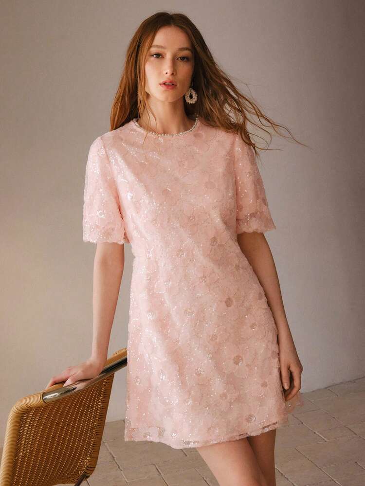 FAUX PEARL TRIM CONTRAST SEQUIN DRESS