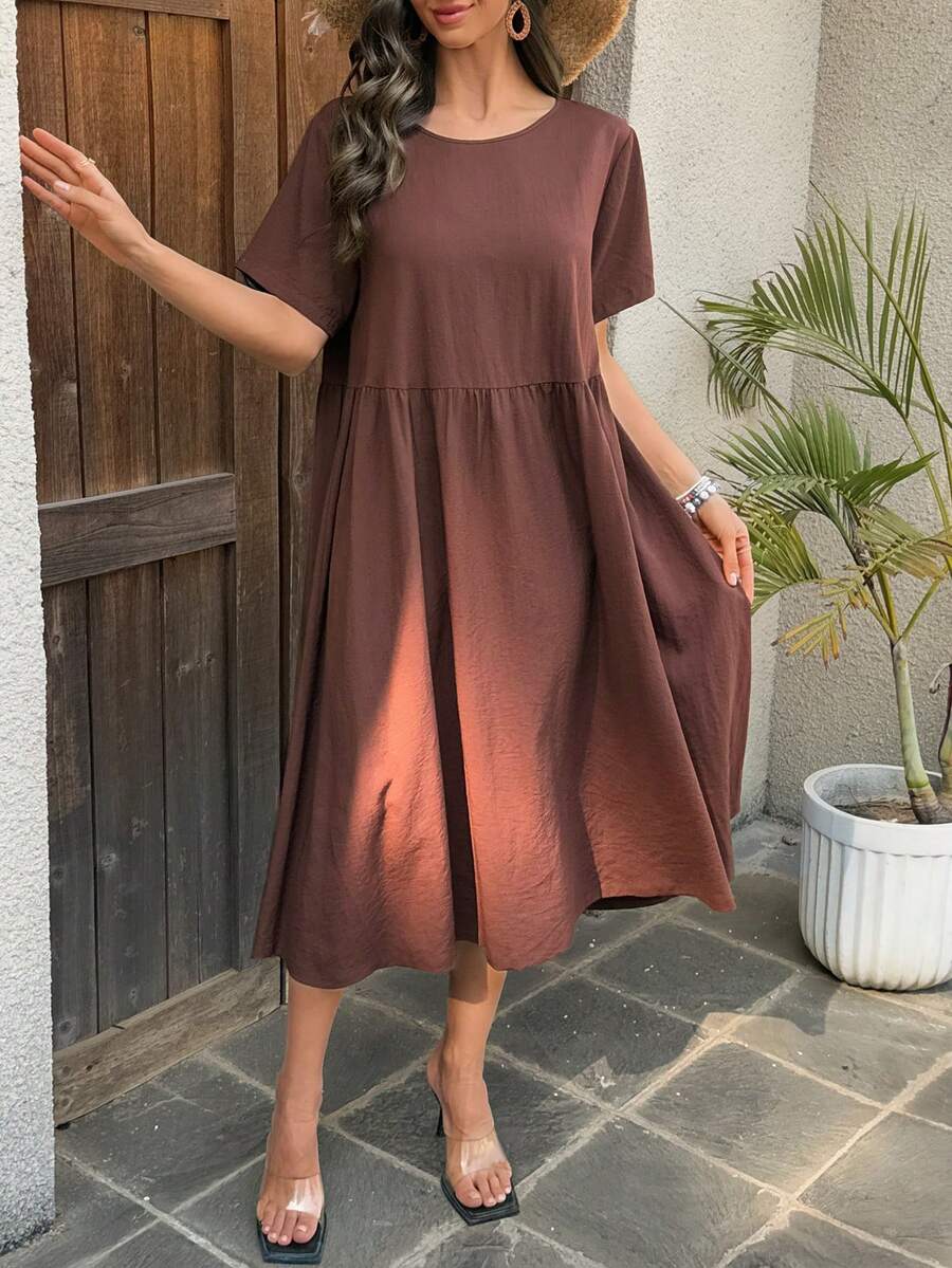 Livesso Lång klänning med rund hals och lös passform för kvinnor - Brun - Visa 1