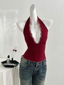 Sweetra Retro American Red Lace V-Neck Backless Ruched Bodysuit, Sexy Fitted Design, Fashion New Arrival For Early Spring - Burgundy - View 3