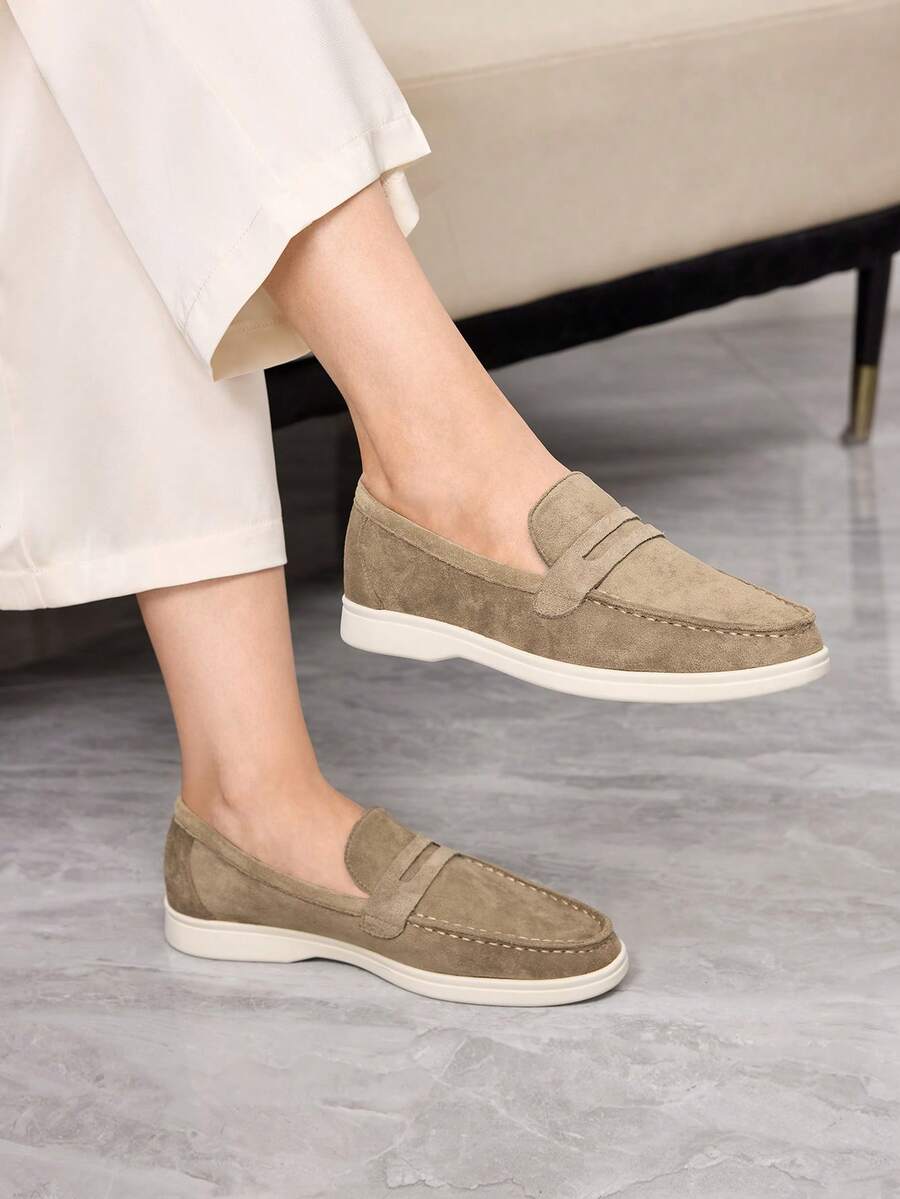 Sleekvia Sepatu Slip-On Loafers Baru 2025, Sepatu Datar Nyaman, Lapisan Suede Gaya Inggris untuk Wanita - Aprikot gelap - View 1