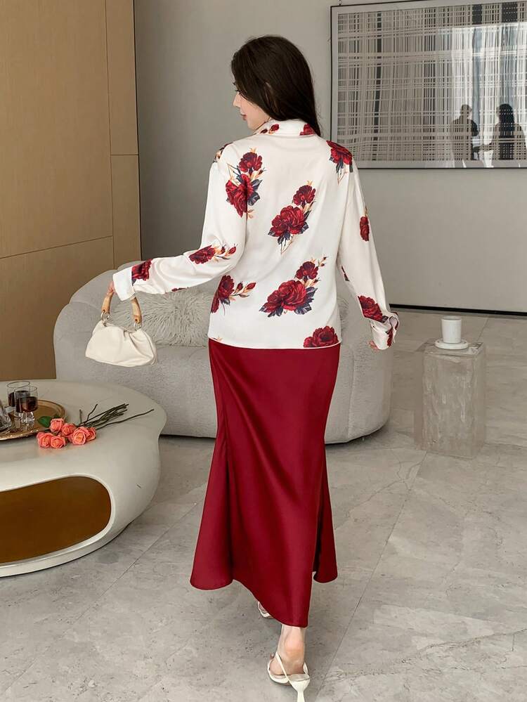 Spring & Summer Elegant Plant Print Red Top And Skirt Set, Casual Commuter Professional Outfit With Tie Waist And Asymmetric Collar, Suitable For Dates, Weddings, And Work