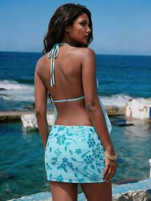 Breezaya Women's 2 Pieces Set Turquoise Sequin Backless Tie Strap Ruffle Light Blue Floral Summer Boho Vacation Holiday Beach Skirt Set Summer Outfit - Blue - View 3