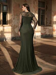 Glamrae Plus Size Elegant Luxurious Diamond Design Sheer Long Sleeve Ruched Mermaid Dress, Suitable For Weddings, Parties, Vacations, Bridal Shower, Mother Of The Bride Gowns - Green - View 3