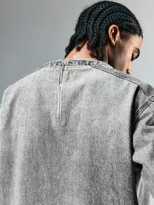 ROMWE MEN Street Life Áo denim hai màu cổ chữ V thường ngày cho nam - Màu Xám nhạt - Xem 8