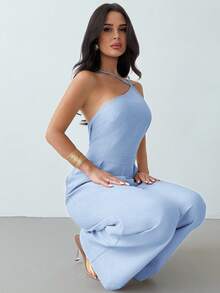 Firerie 优雅亚麻露背褶皱腰部阔腿连体裤，休闲、度假、通勤、夏季 - 淺藍色 - 查看 4