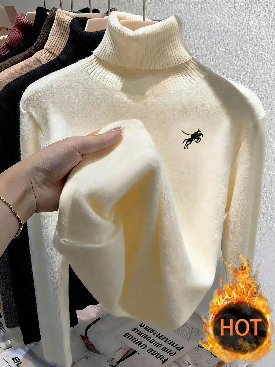 Franclia 休闲时尚刺绣杏色圆领长袖女式T恤，百搭秋冬针织外套