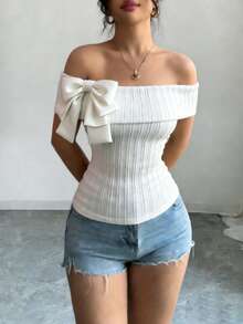 Selianne Women's Solid Color Bow Decor Asymmetric Shoulder T-Shirt - Black - View 4