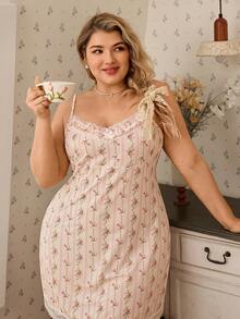 CottageSlumber Plus Size Romantic Floral Lace Trim Spaghetti Strap Nightgown, Elegant French Style - Multicolor - View 4