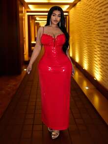 Slaydiva Mới/Lễ Phục Sinh/Phong cách phương Tây/Ngày lễ Năm Mới/Ngày Valentine/Thời trang đường phố gợi cảm dành cho nữ/Đầm ôm sát gợi cảm Gyaru dành cho ngày Valentine cỡ lớn bằng chất liệu PU, dây mảnh - Màu đỏ - Đỏ - Xem 6