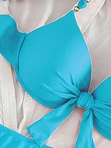 Swim Vcay Bộ bikini gợi cảm dành cho nữ, thích hợp cho kỳ nghỉ hè, kiểu dáng xếp ly, thắt nút, đính hạt, cổ yếm, có gọng và đệm mút, thích hợp cho kỳ nghỉ biển. - Màu xanh lam - Xem 3