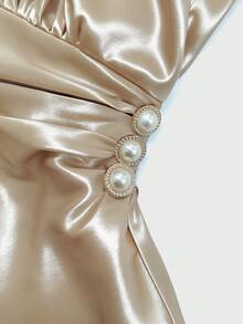 GlowEve New Shirred Double-Layer Ruffle Sleeve Woven Shiny Color Pleated Back Design Elegant Young Commuter Versatile Daily Women Shirt - Khaki - View 6