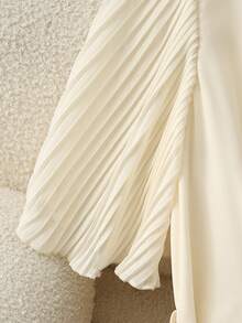 Franclia 女士优雅V领雪纺褶皱摆裙，金属纽扣系腰飘逸连衣裙，春夏款 - 杏色 - 查看 5