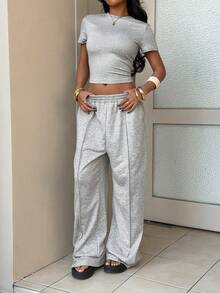 Flirla 2 pièces/Set T-shirt à manches courtes et pantalon de survêtement de couleur unie pour femmes, printemps/été - Gris - Voir 5
