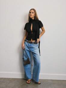 Aralina 女士纯色立领褶皱时尚百搭衬衫，适合约会和外出穿着 - 黑色 - 查看 6