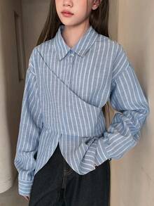 DAZY Teen Girl Striped Lapel Asymmetrical Hem Casual Versatile Daily Wear Long Sleeve Shirt - Blue - View 3