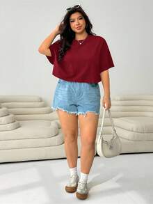 SHEIN EZwear 大码女式酒红色圆领短袖休闲百搭T恤 - 酒紅色 - 查看 4