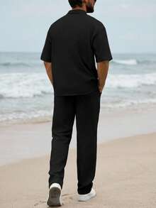 Ventusail 男士褶皱面料缺口领短袖衬衫 + 抽绳配套长裤两件套西装，户外派对必备服装，适合作为丈夫的礼物，舒适服装 - 黑色 - 查看 2