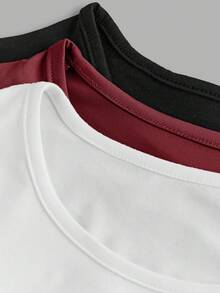 SHEIN Genkimix Kids Bộ 3 áo thun tay ngắn dáng ôm, màu trơn, thanh lịch, kiểu dáng thường ngày, có chi tiết nhún eo, phối nhiều màu sắc, phù hợp cho thanh thiếu niên và phụ nữ, thích hợp cho ngày Valentine. - Màu Đỏ Sâu - Xem 3