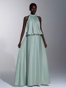 Elitara Elegant Floral Halter Neck Backless A-Line Bridesmaid Dress, Light Green & Yellow - Green - View 1