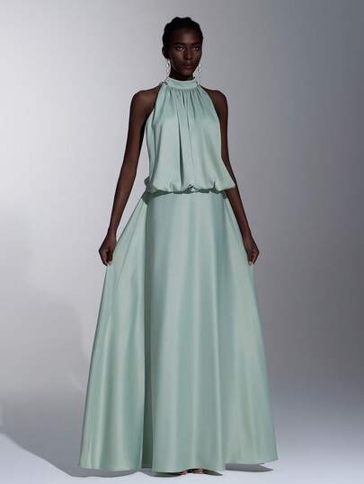 Elitara 优雅花卉图案露背吊带A字伴娘礼服，浅绿色和黄色