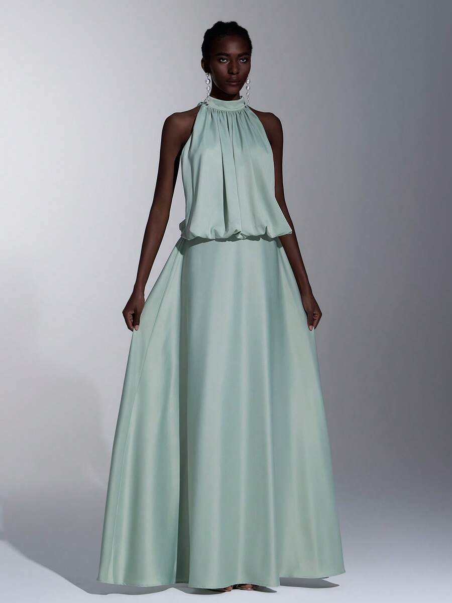 Elitara Elegant Floral Halter Neck Backless A-Line Bridesmaid Dress, Light Green & Yellow - Green - View 1