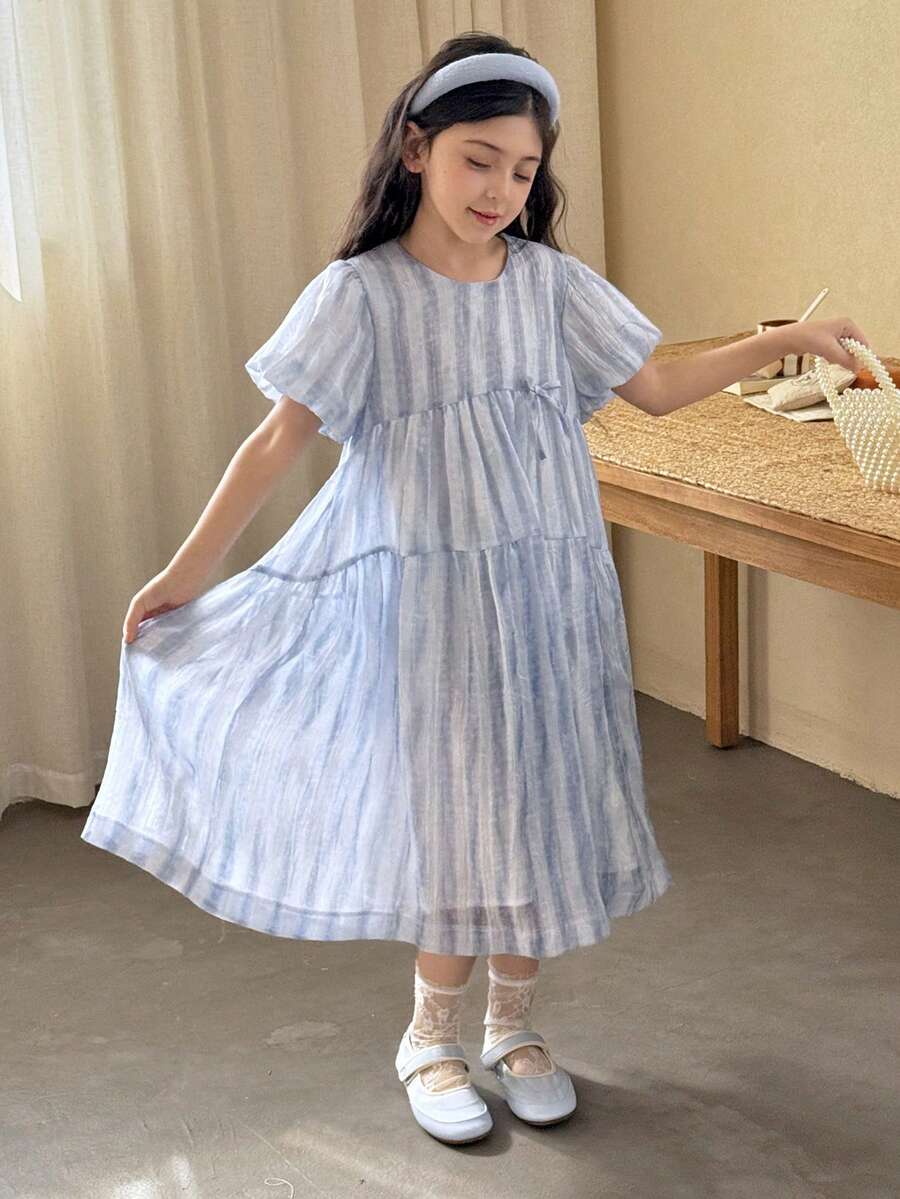 DAZY Tween Girls Round Neck Short Sleeve Dress - Blue and White - View 1