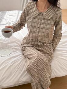 DAZY 可爱格子领女士睡衣套装 - 卡其色 - 查看 3
