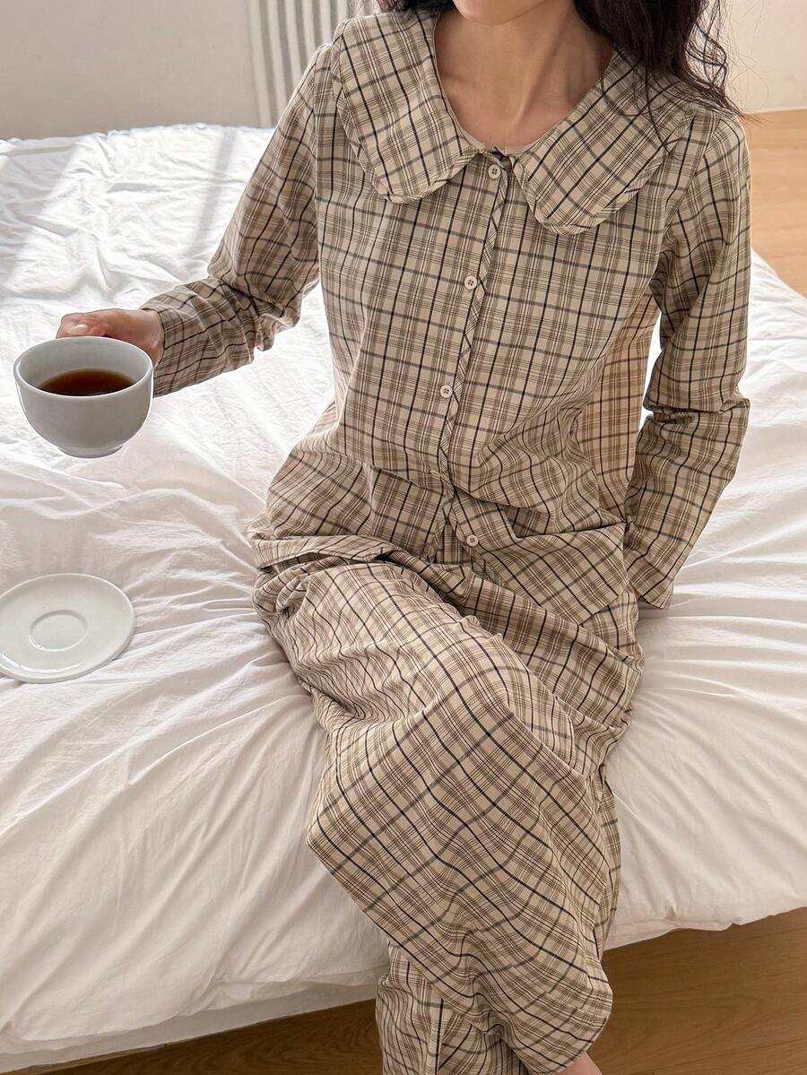 DAZY Cute Plaid Collar Women Pajama Set - Khaki - View 1