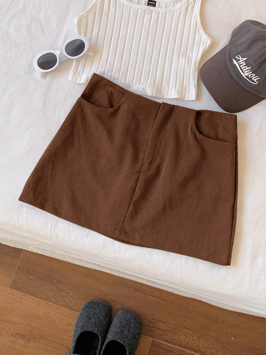 Comfortcana 夏季外出低腰纯色直筒灰色迷你裙 - 棕色 - 查看 1