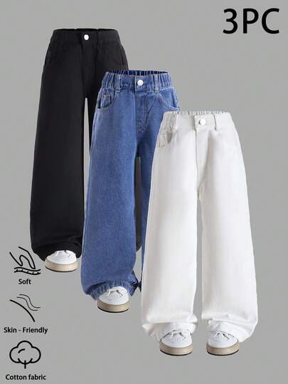 Set de 3 pantalones vaqueros casuales para niña, azul medio lavado, blanco, negro, adecuados para primavera, verano, otoño e invierno, estilo versátil de academia, relajado y de moda, personalizado Y2K, diseño básico de 5 bolsillos, cintura elástica, pierna recta, delgado, multicolor, suave y cómodo algodón denim, sin estiramiento, uso diario, salidas, fiestas, escuela, viajes, nueva colección primavera/verano