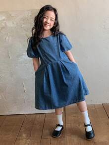 DAZY 女童（小号）圆领泡泡袖牛仔连衣裙 - 藍色 - 查看 7