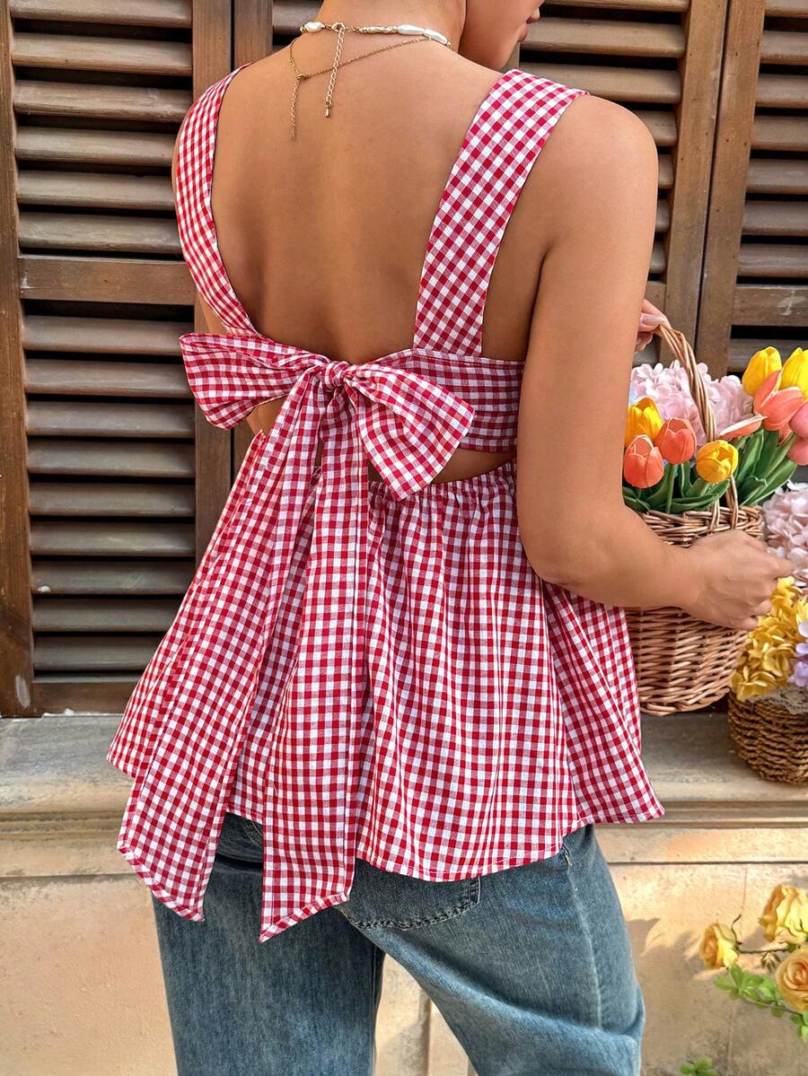 SHEIN Áo bầu không tay kẻ caro buộc dây phía trước, kiểu dáng thường ngày, thích hợp cho mùa hè. - Đỏ - Xem 1