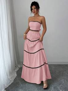 Rafferiza Bộ 2 món dành cho nữ, áo quây crop top và chân váy kiểu dáng thanh lịch với dây buộc ruy băng, thích hợp cho kỳ nghỉ. - Hồng - Xem 6