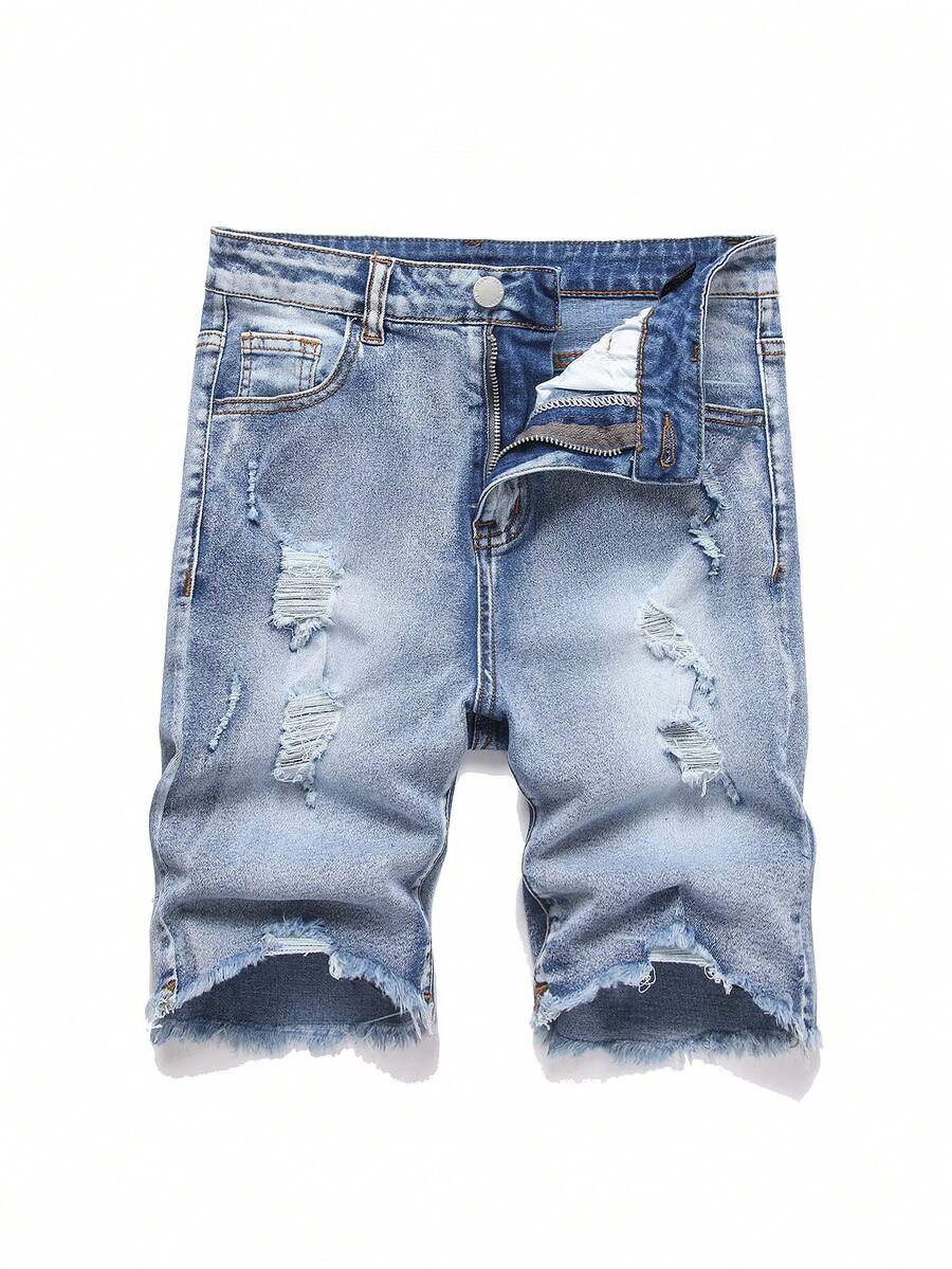 SHEIN Pantaloncini di jeans skinny strappati con design versatile e tagliato, adatti per ragazzi adolescenti, abbigliamento casual e streetwear, ideali per l'estate e la primavera