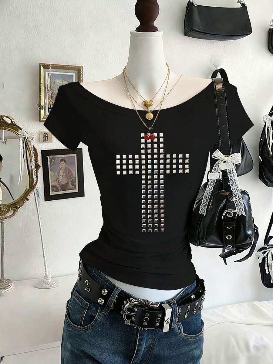 Lalippa Áo thun ngắn tay nữ in hình chữ thập, kiểu dáng thường ngày, đa năng. - màu đen - Xem 1