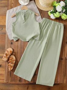 Vintaside Kids 2pcs Girls Sleeveless Floral Bright Yellow Top Paired With Casual Loose Pants Fashion Spring/Summer Set - Green - View 2