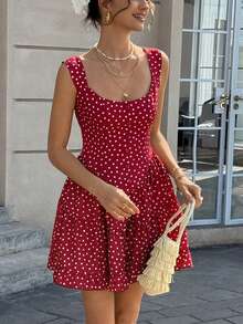 Cévolie 女士波点印花优雅无袖圆领连衣裙 - 酒紅色 - 查看 1