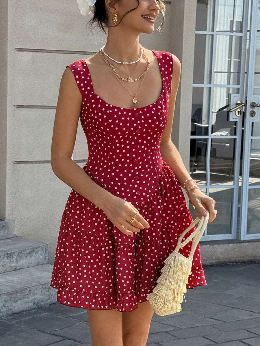 Cévolie 女士波点印花优雅无袖圆领连衣裙 - 酒紅色 - 查看 1