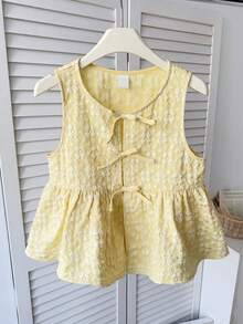 少女休闲优雅圆领3D蝴蝶结拼接褶皱下摆花卉提花编织衬衫吊带衫，浅黄色，春夏款 - 黃色 - 查看 3